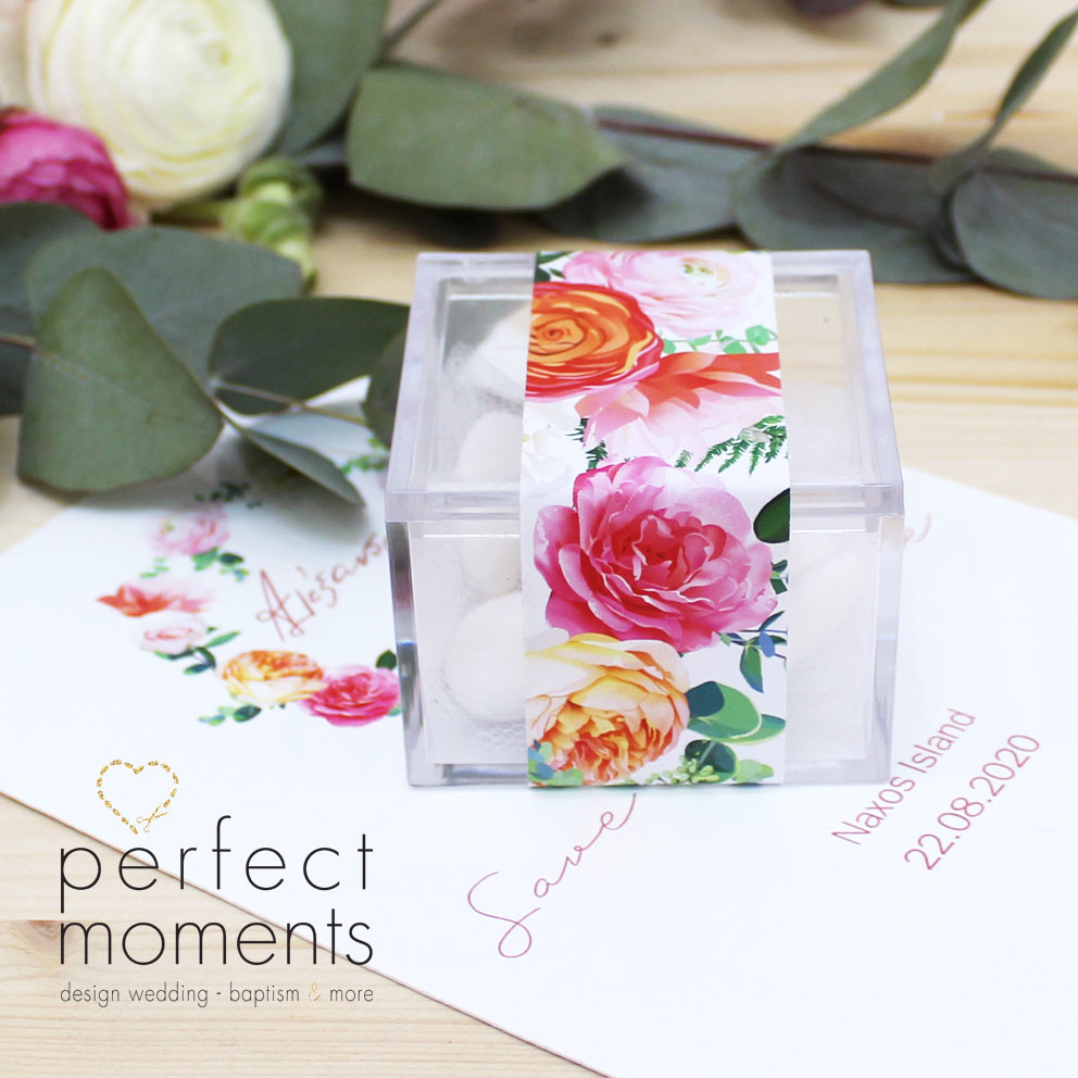 Μπομπονιέρες γάμου κουτί plexiglass με θέμα καλοκαιρινά λουλούδια