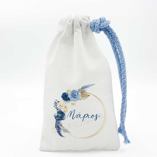 Μπομπονιέρα βάπτισης σουρωτό πουγκί με εκτύπωση και θέμα pampas blue flowers