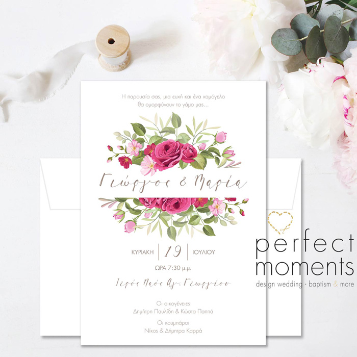 Wedding invitations fucshia and pink roses 