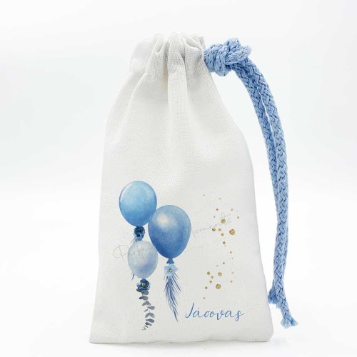 Μπομπονιέρα βάπτισης σουρωτό πουγκί με εκτύπωση και θέμα μπαλόνια σε μπλε χρωματισμούς